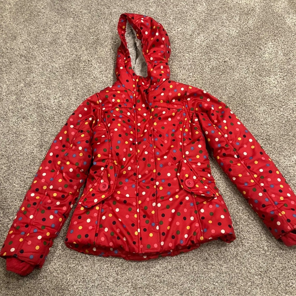Lands End Kids Polka Dot Sherpa Lined Puffer Jacket Hooded Size S 7-8 Kidcore